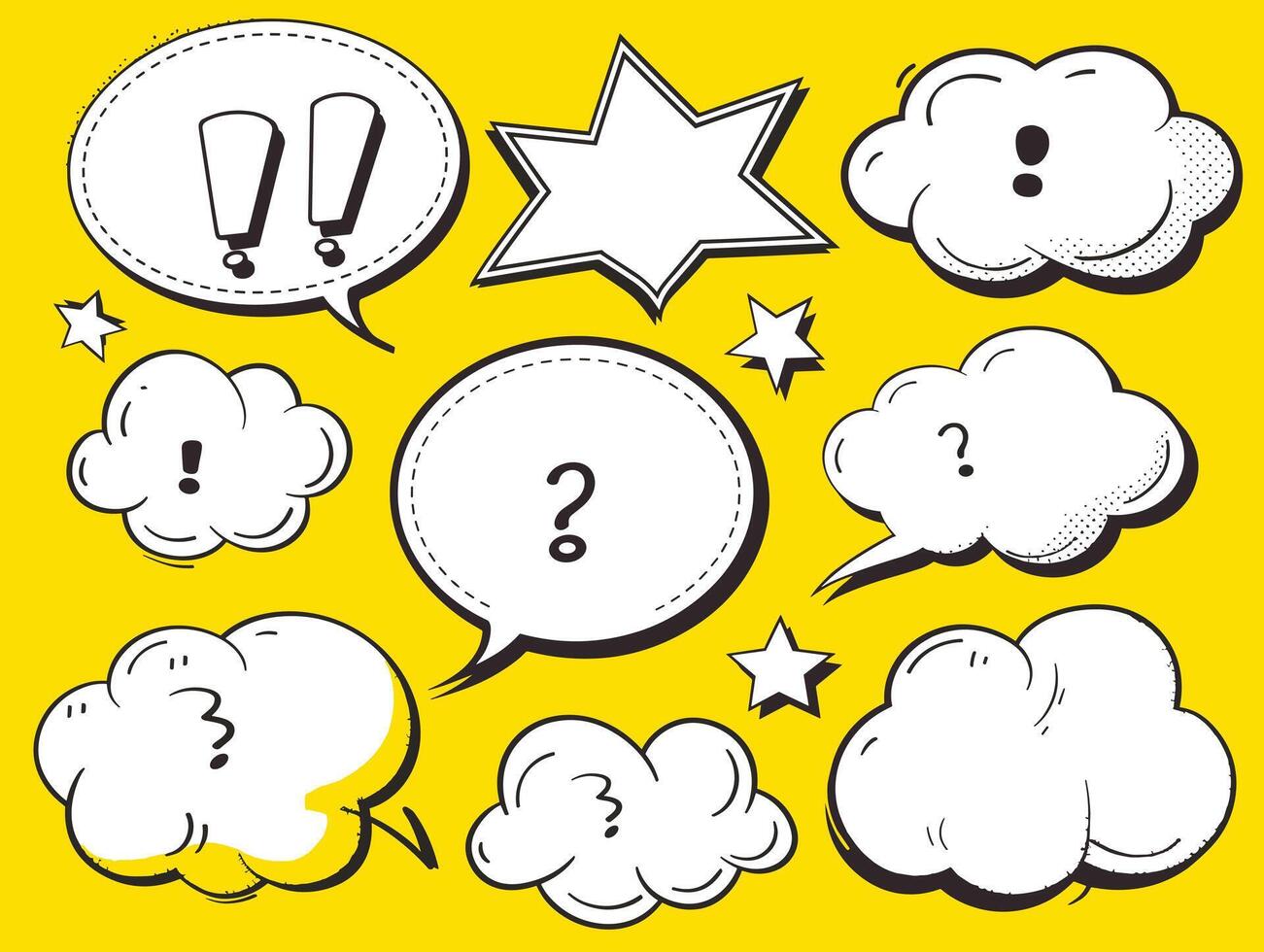 Comic-style speech bubbles with various punctuation on a vibrant yellow background. vector