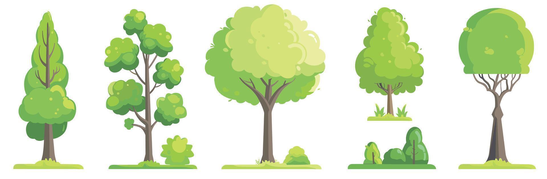 Illustration of various green trees with different shapes and sizes on a white background. vector