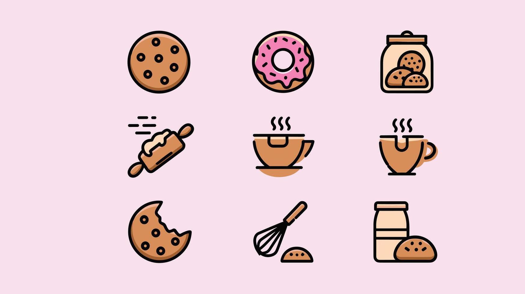 Illustration of cookies, donuts, and baking tools on a light pink background, conveying a playful and appetizing bakery theme. vector