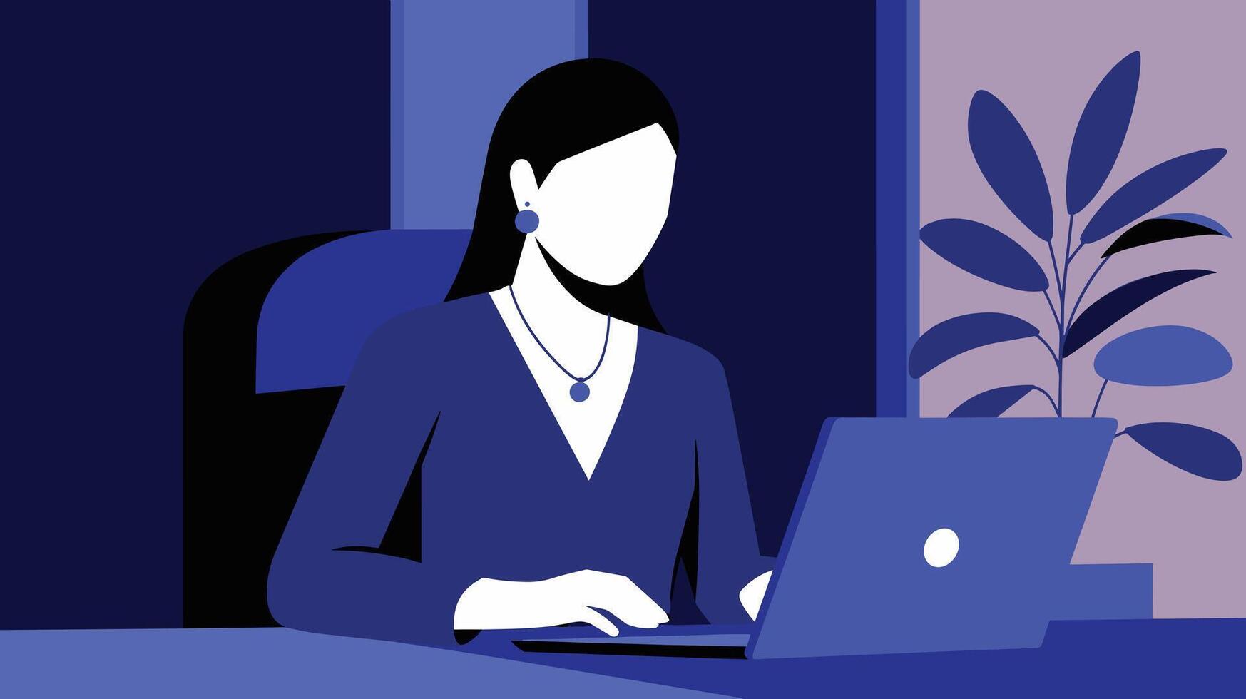 Illustration of a woman working on a laptop in an office setting, surrounded by a minimalist design in shades of blue. vector