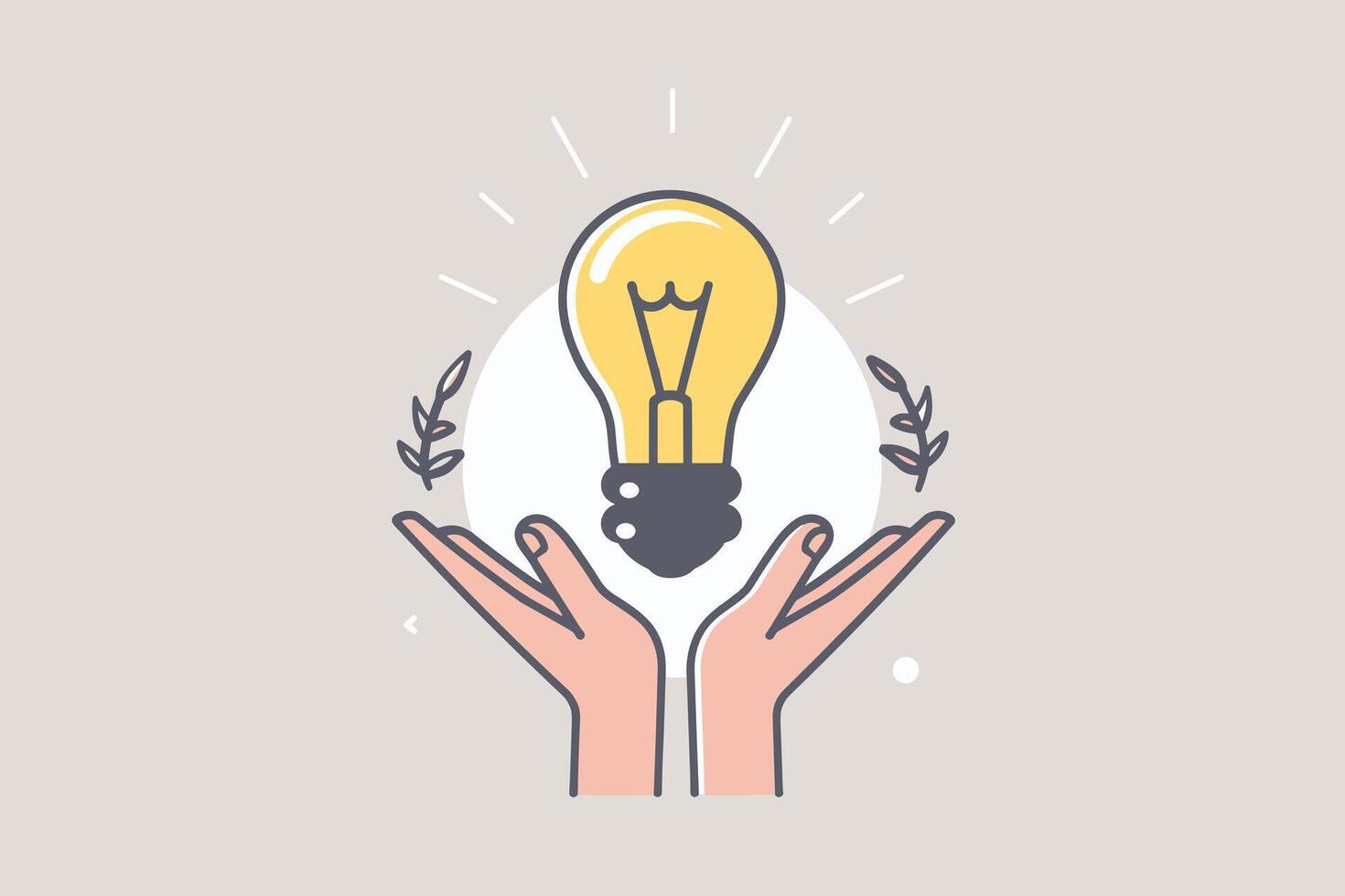 Illustration of hands cradling a glowing light bulb with laurel branches, symbolizing innovation and creativity. vector