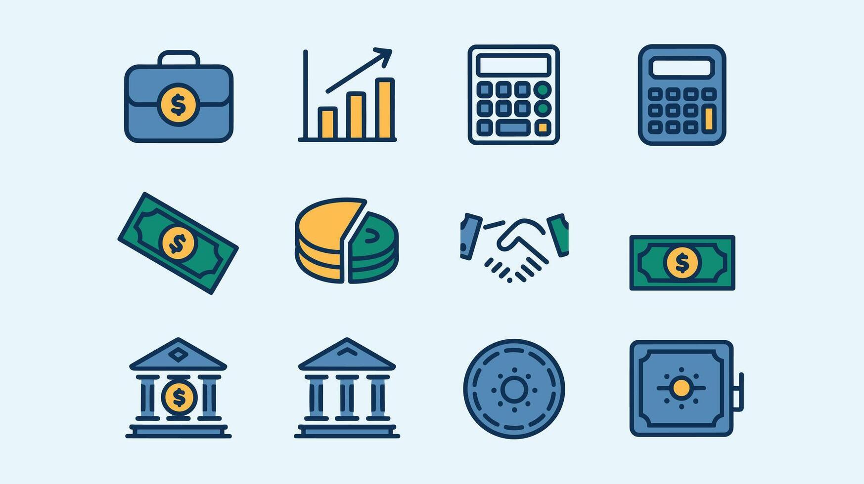 A collection of finance and banking icons featuring calculators, money, graphs, and security symbols in a minimalist design style. vector