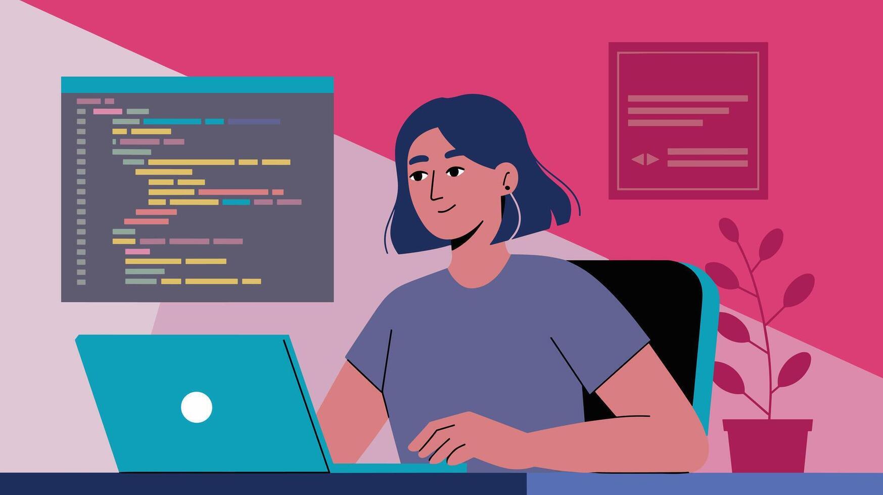 Illustration of a young woman programming on a laptop in a modern office with colorful accents, showcasing focus and creativity in a tech-driven environment. vector
