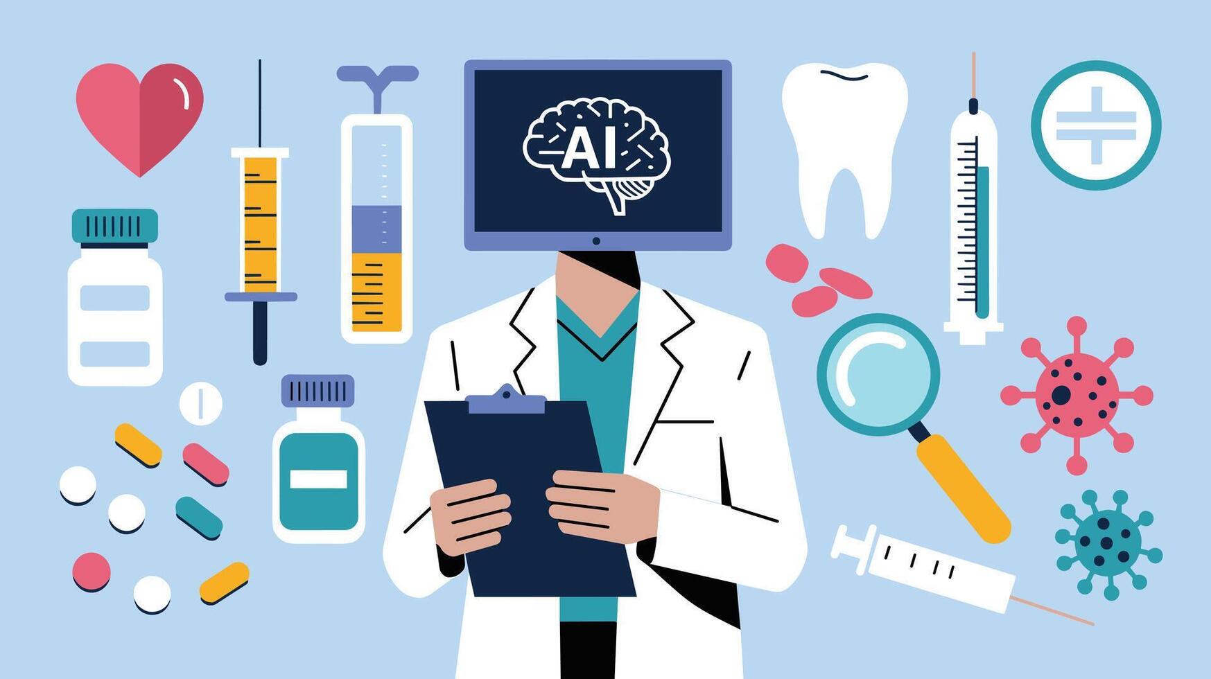 Illustration of a doctor with an AI head surrounded by medical icons, symbolizing the integration of artificial intelligence in healthcare. vector
