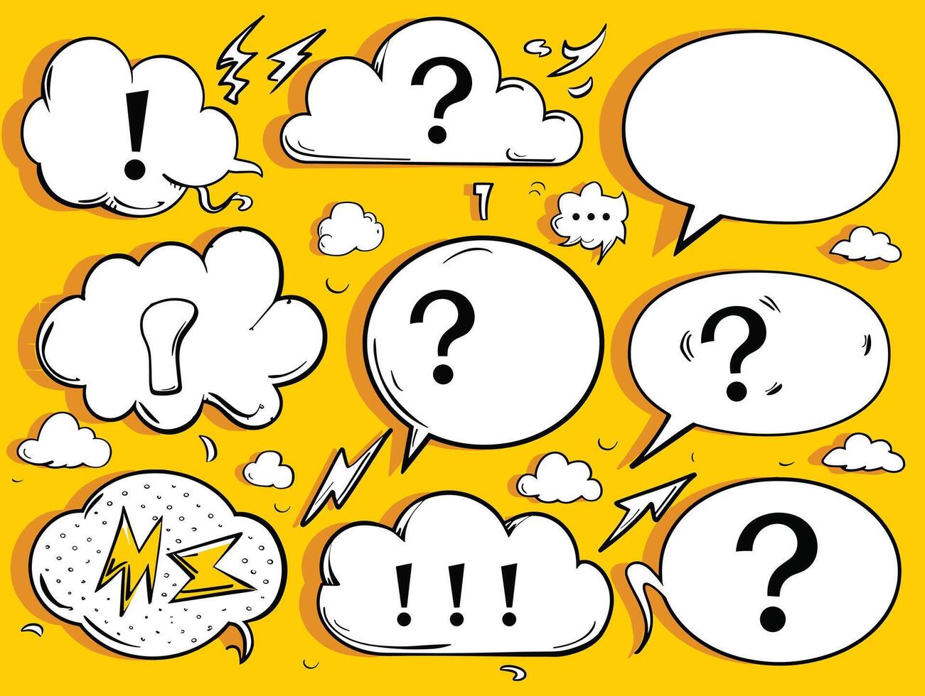Comic-style speech bubbles with question marks and exclamations on a vibrant yellow background. vector