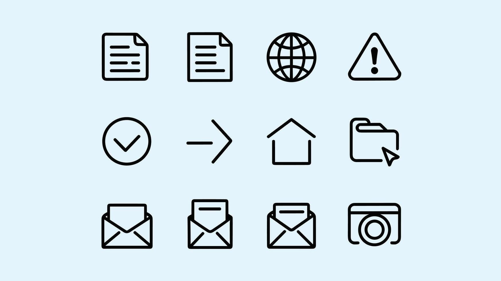 A set of minimalist black line icons on a light blue background, featuring documents, globe, alert, checkmark, arrow, house, folder, envelopes, and camera symbols. vector