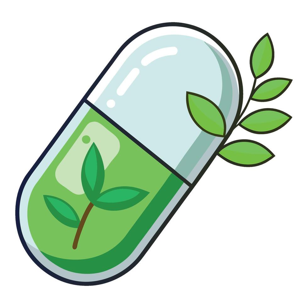 A pill with a green leaf inside vector
