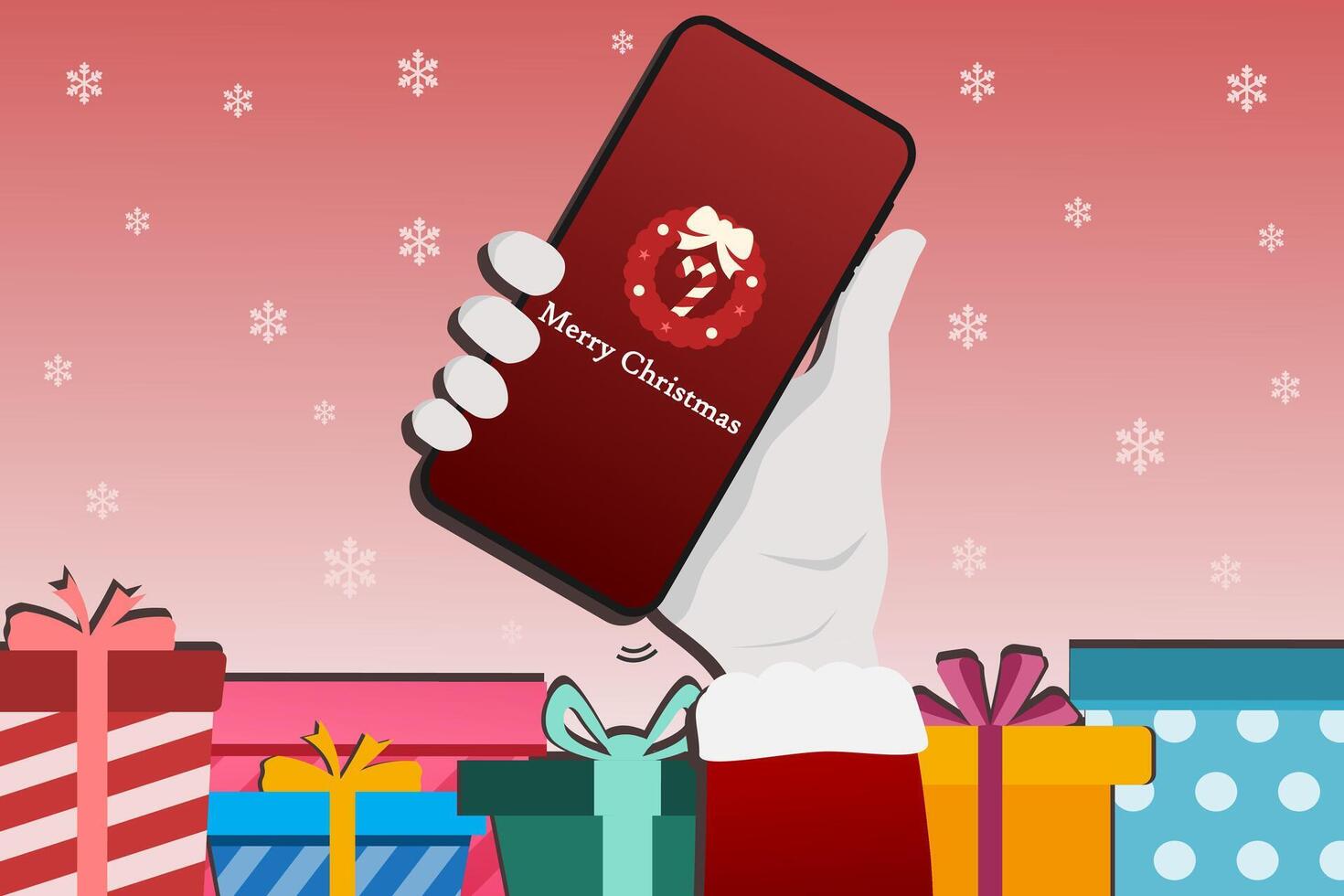 Hand of Santa Claus holding a mobile phone with Merry Christmas greeting vector