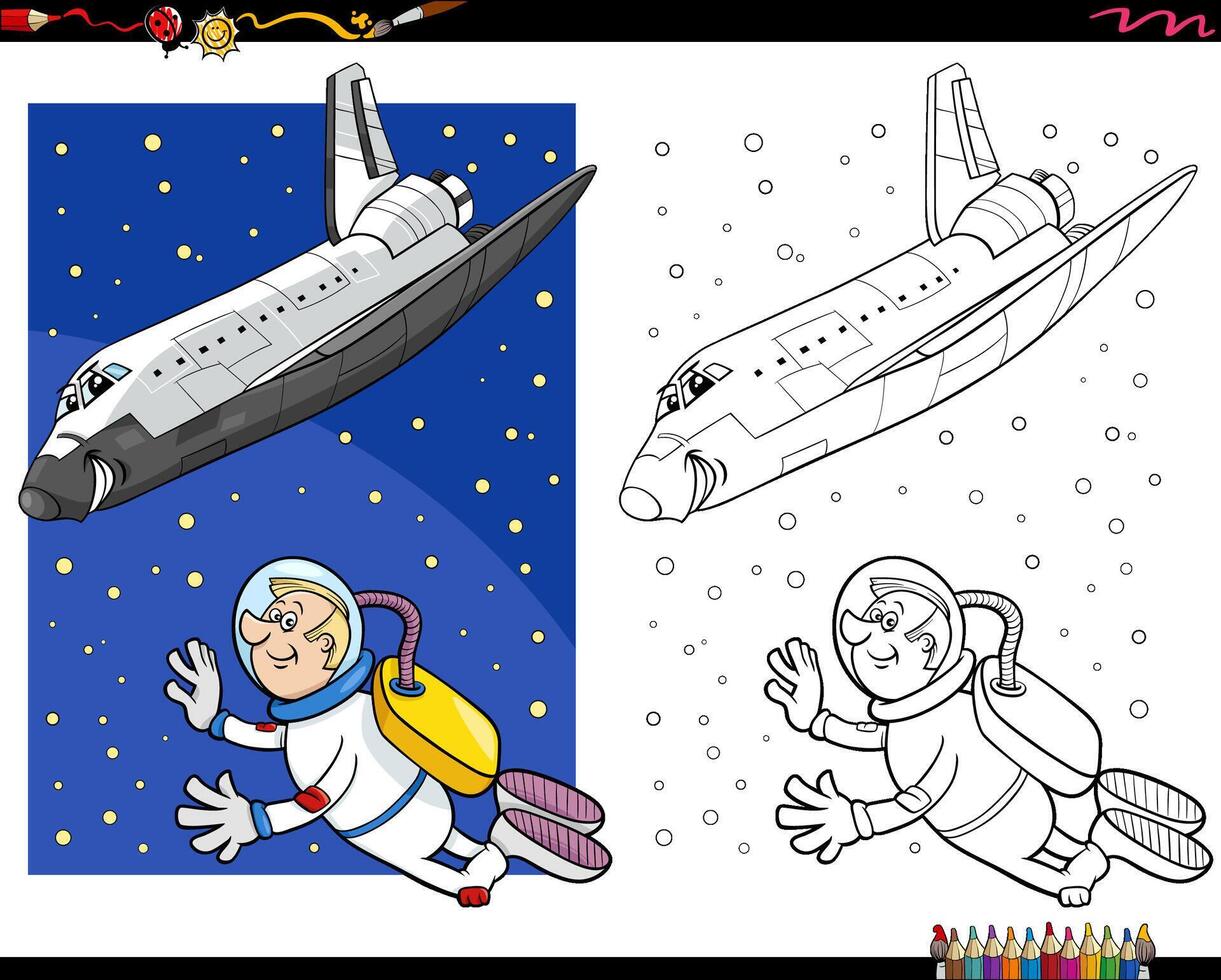 cartoon astronaut or spaceman with space shuttle coloring page vector
