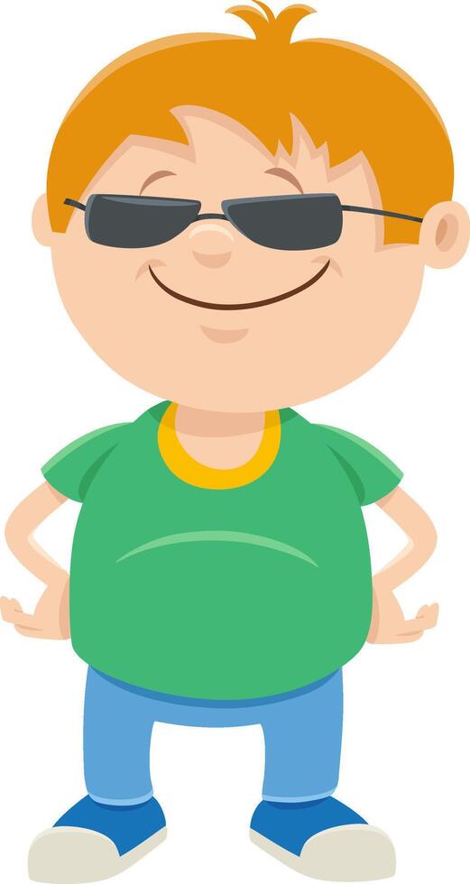 cartoon happy kid boy character wearing sunglasses vector