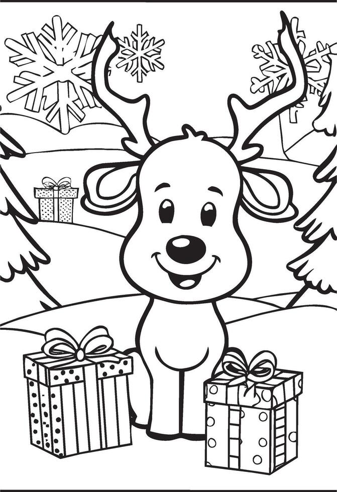 A christmas reindeer with presents coloring page vector