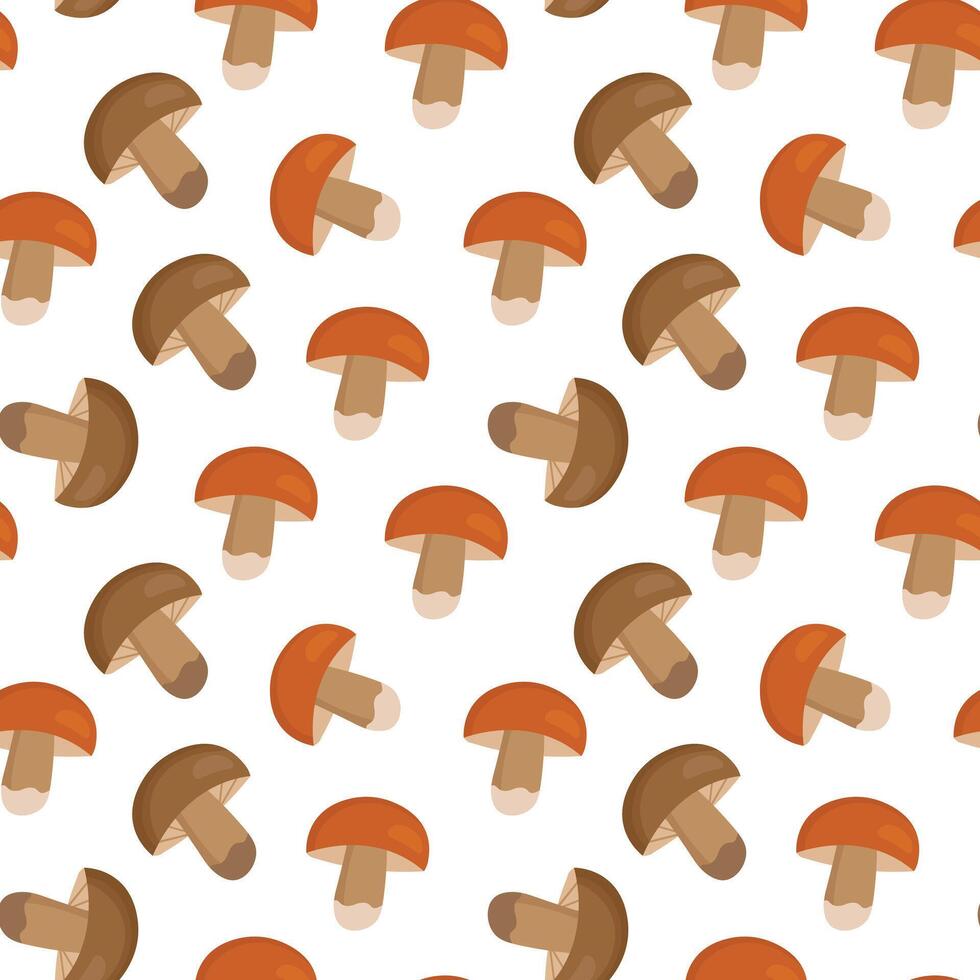 seamless pattern of stylized brown and orange mushrooms with simple shapes on white background vector