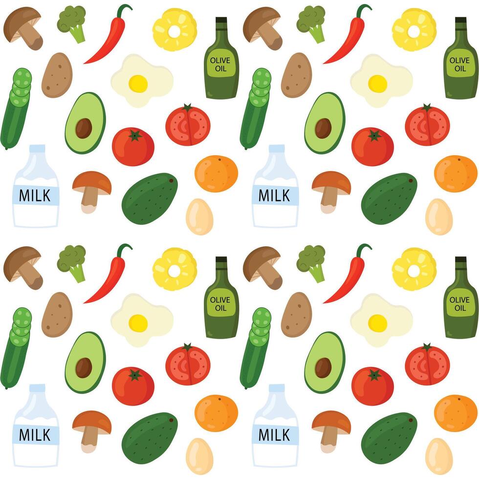 Seamless pattern with various foods like vegetables flat style. vector