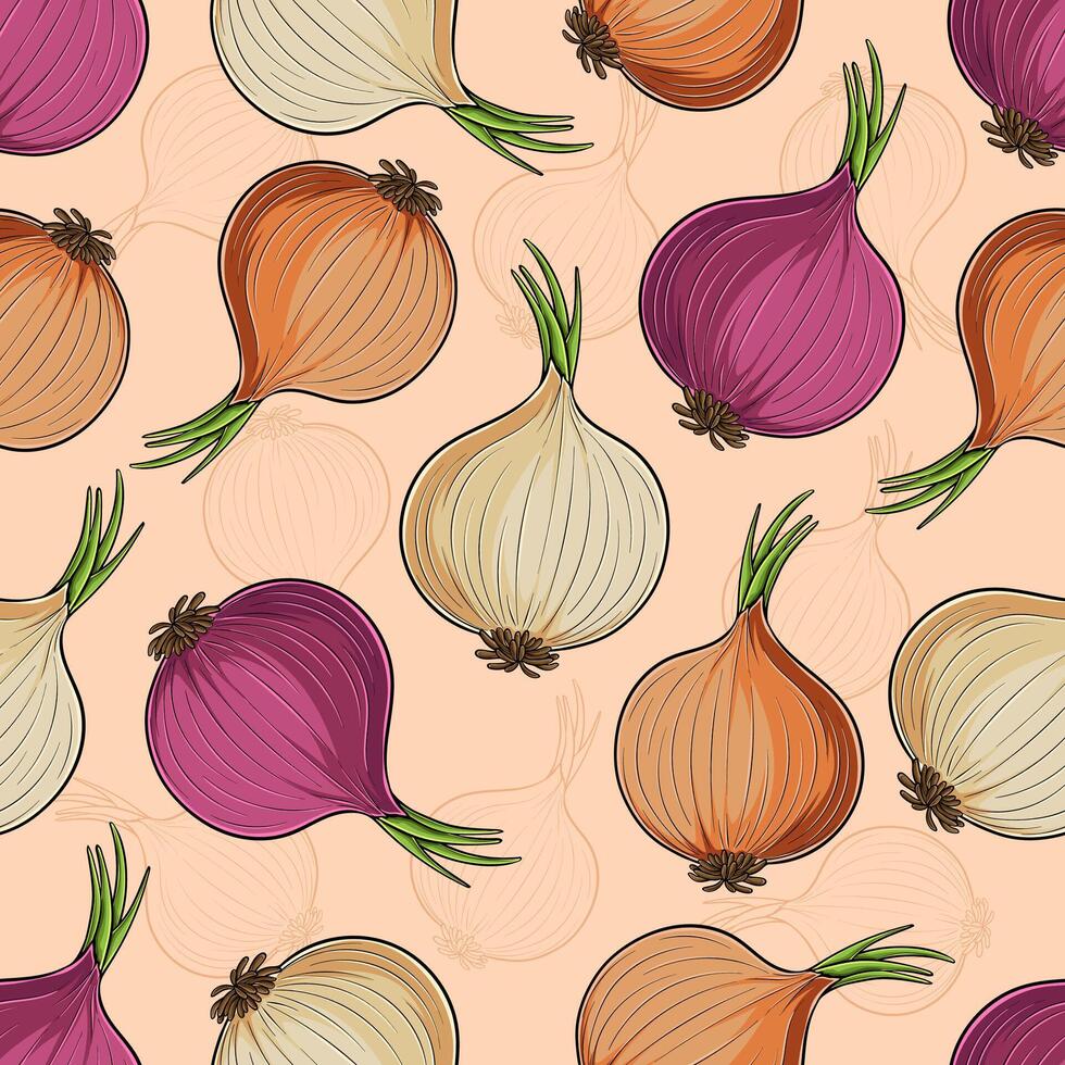 Hand drawn seamless pattern of healthy organic red, white, sweet and yellow onion with green leaves vector