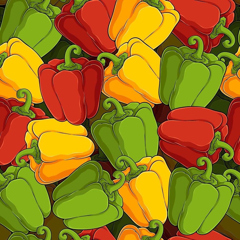 Hand drawn seamless pattern of yellow, green and red fresh organic healthy sweet bell pepper vector