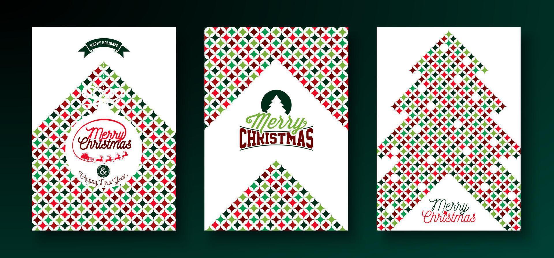 Merry Christmas and Happy New Year Greeting Card Design Set with Red and Green Color Pattern and Typography Letter on White Background. Holiday Season Illustration for Banner, Party Flyer vector