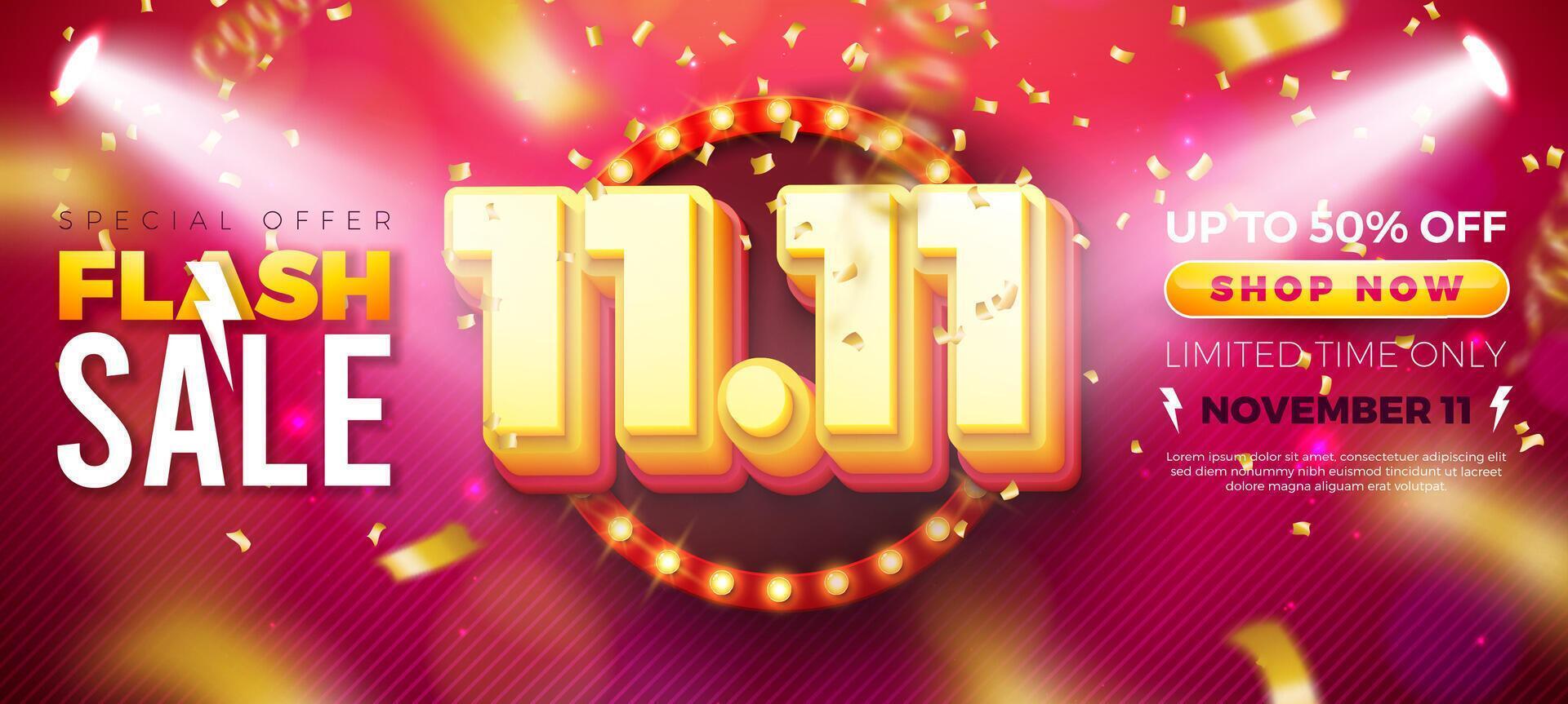 Shopping Day Flash Sale Design with 3d 11.11 Number, Light Bulb Billboard and Stage Podium on Red Background. 11 November Special Offer 50 Percent Off Campaign Discount Illustration for Coupon vector