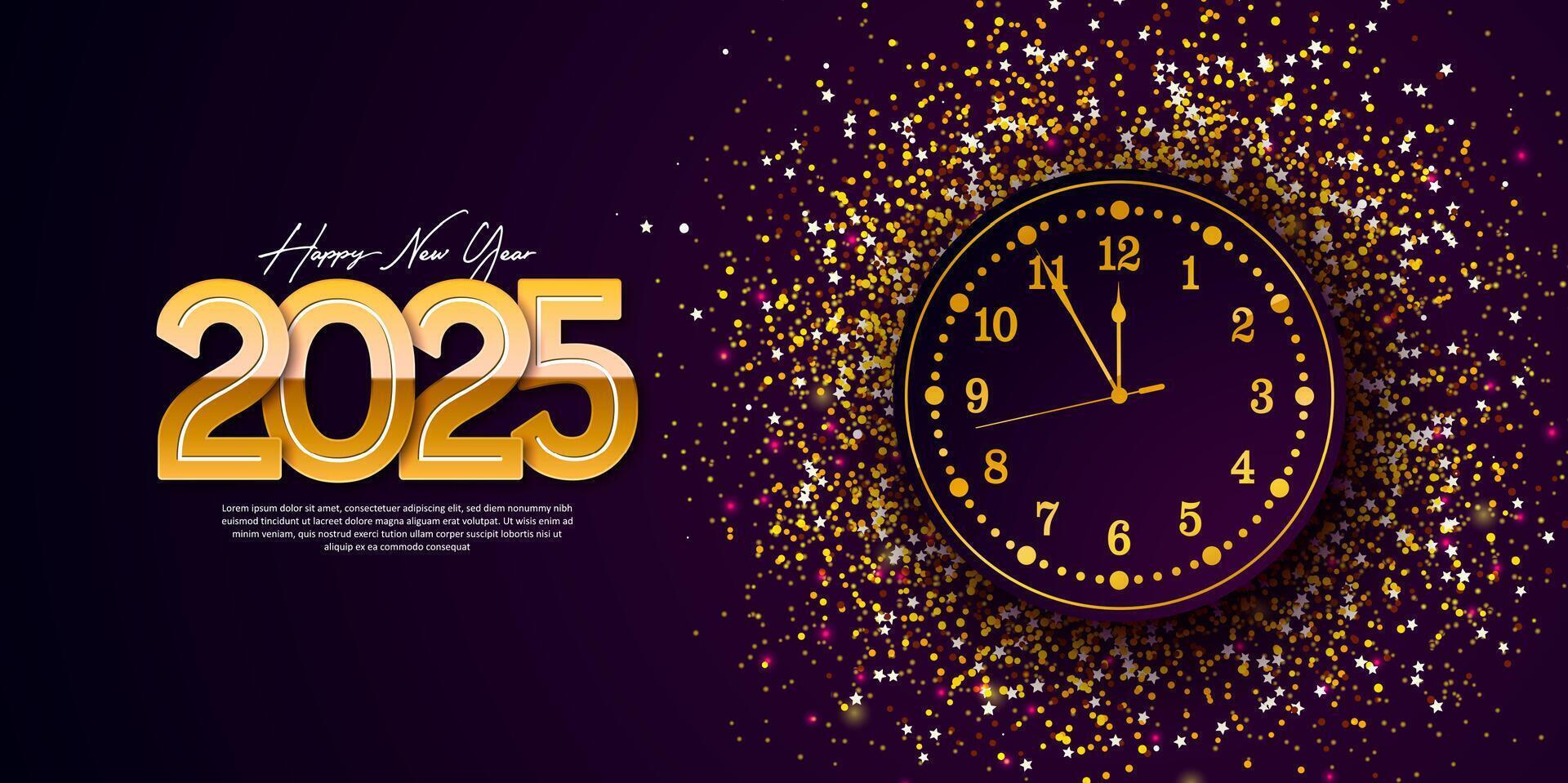 Happy New Year 2025 Banner Illustration with Gold Number and Clock on Dark Glittered Background. Holiday Design with Typography Lettering for Flyer, Greeting Card, Celebration Poster, Party invitation vector