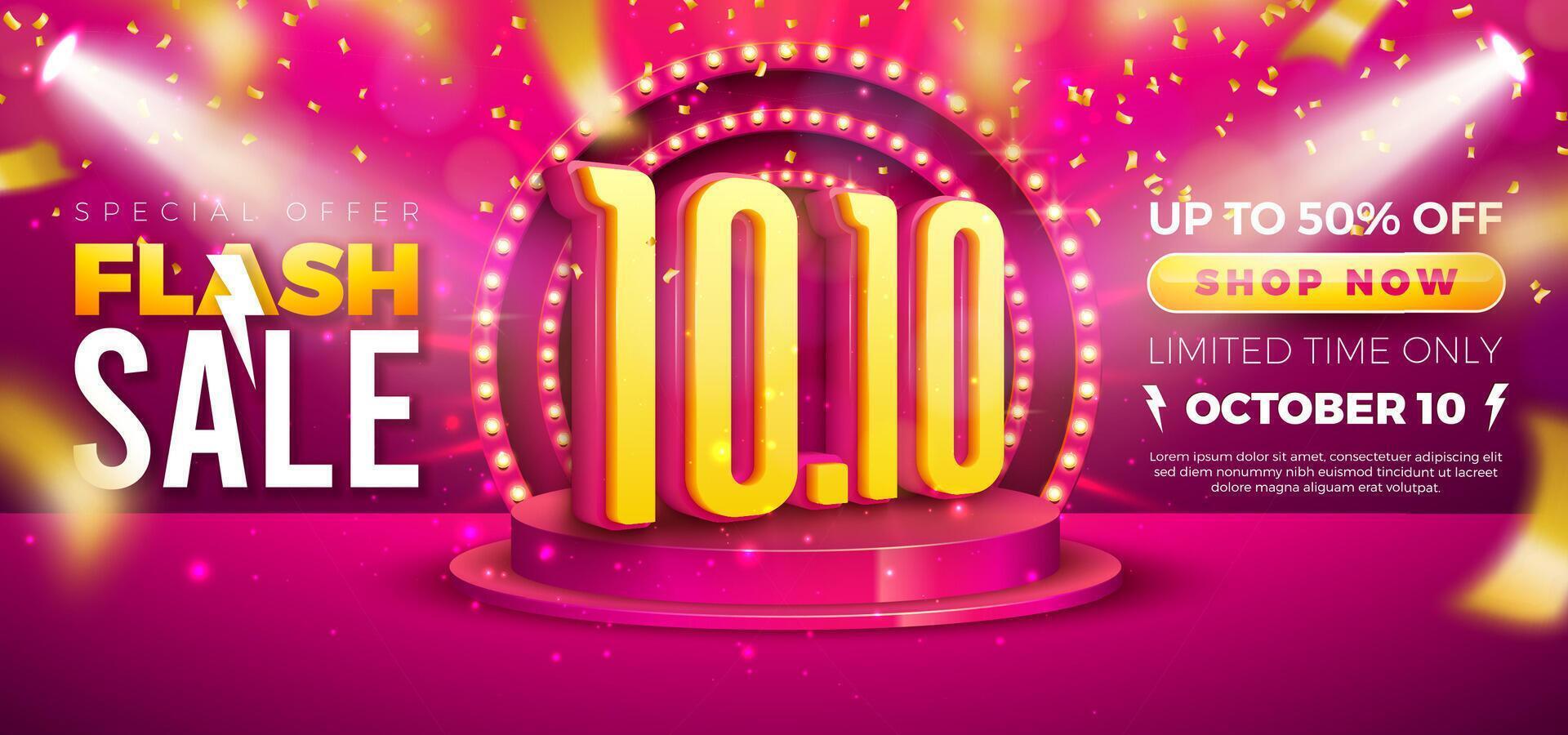 10 October Shopping Day Flash Sale Design with 3d 10.10 Number, Light Bulb Billboard and Stage Podium on Red Background. Special Offer 50 Percent Off Campaign Discount Illustration for Coupon vector