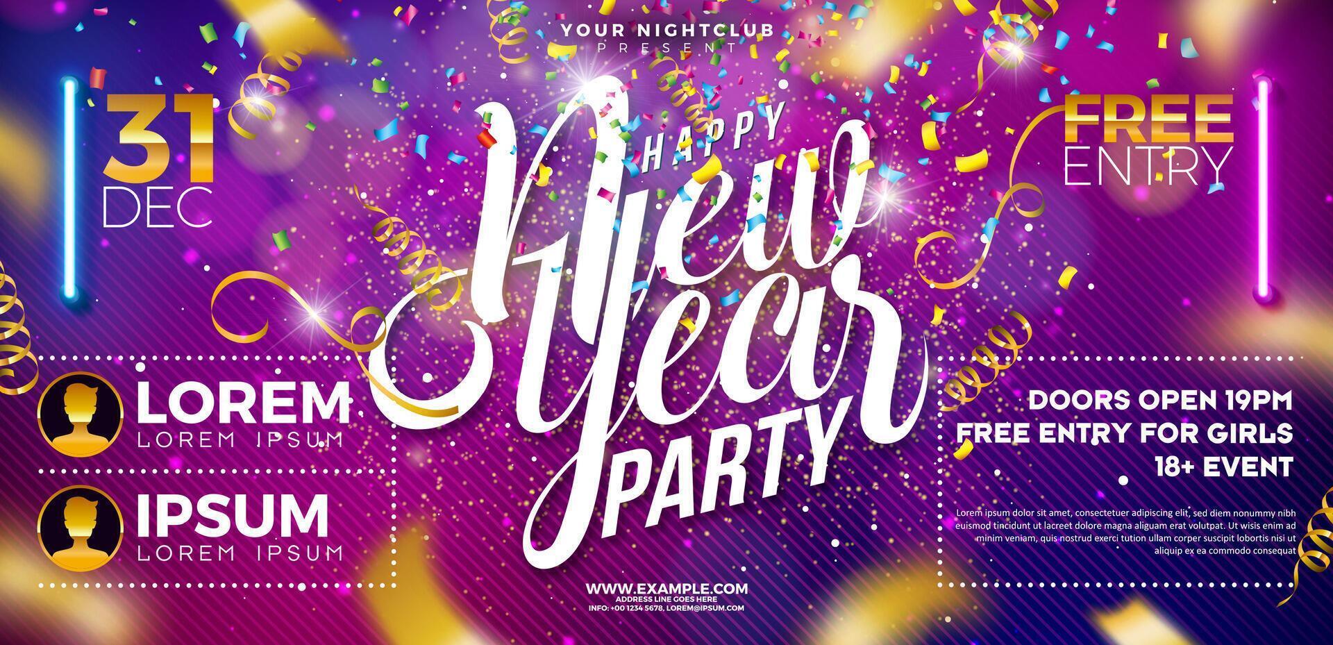 Happy New Year 2025 Party Celebration Banner Template Illustration with Typography Lettering on Falling Confetti Background. New Year Eve and Christmas Holiday Flyer Design. Premium Invitation vector