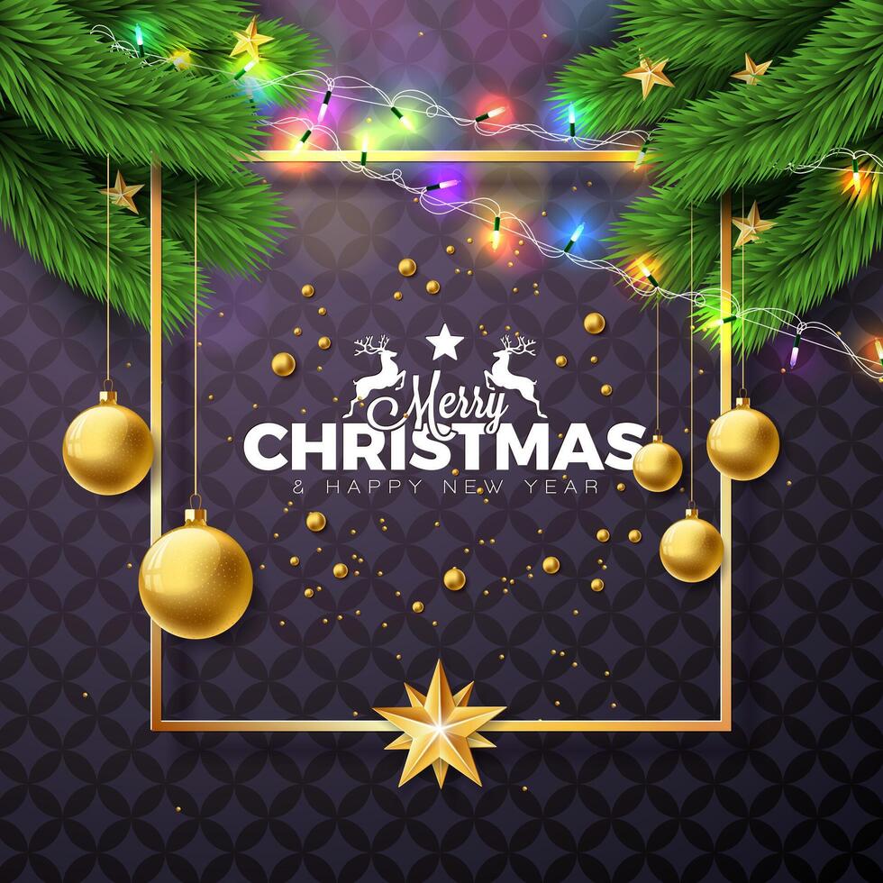 Merry Christmas and Happy New Year Illustration with Gold Glass Ball, Star and Lights Garland on Black Background. Holiday Season Banner Design for Greeting Card, Party Flyer, Celebration vector