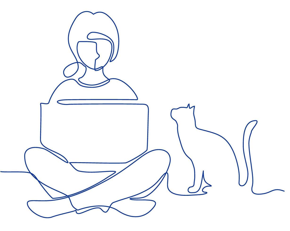 Continuous one line drawing of a woman. Line drawing of girl with laptop and cat continuous one hand drawn single line art design. Remote work on a laptop vector