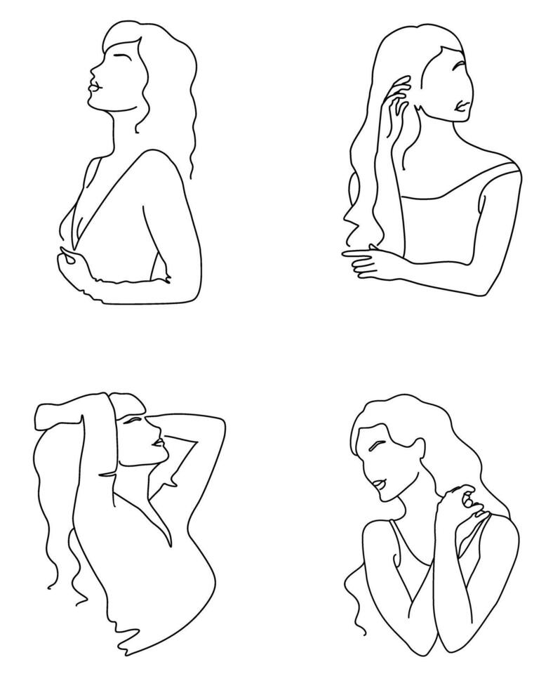 Set of Abstract minimal female figure. fashion illustration of the female body in a trendy linear style. Minimal woman portrait. Elegant art. For posters, tattoos vector