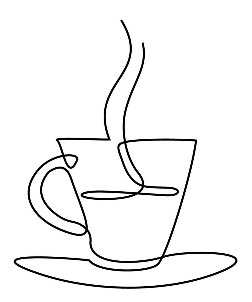 Coffee or tea cup one line drawing. Single continuous line art. Morning cafe hot drink silhouette concept design one sketch outline drawing vector