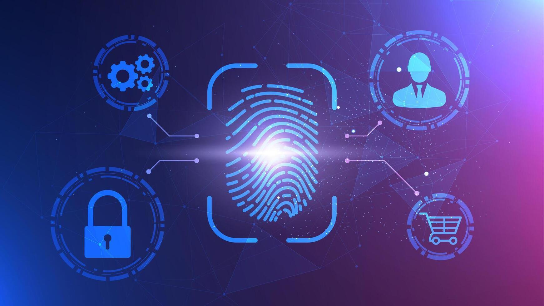 Futuristic illustration of digital security system with fingerprint verification. Biometric technology data protection from cyber attacks. Advanced security system concept vector