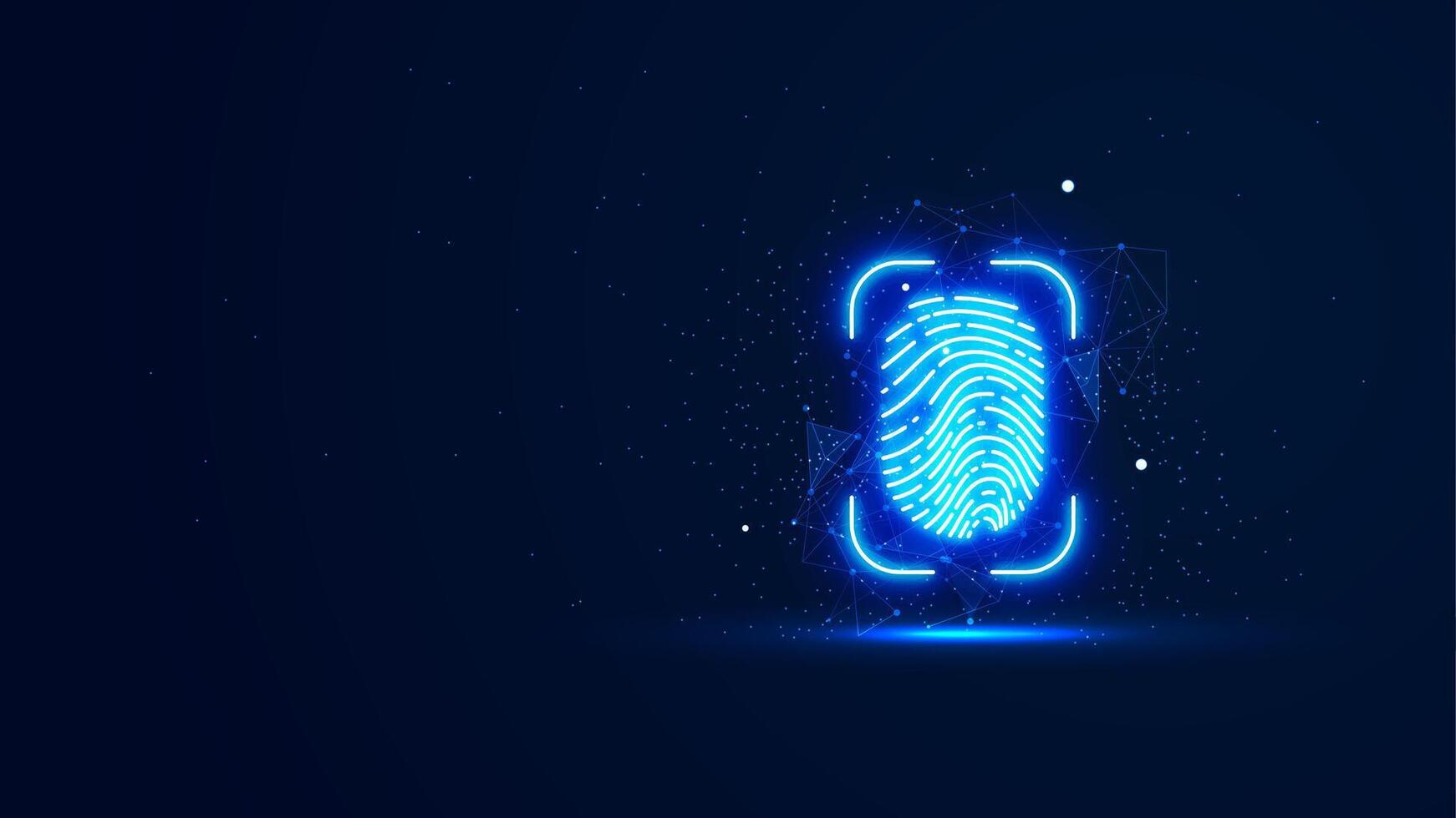 Futuristic glowing fingerprint with plexus lines and glitter particles. Biometric in the neon light style. 3D abstract copy space in the night view. Digital technology background vector