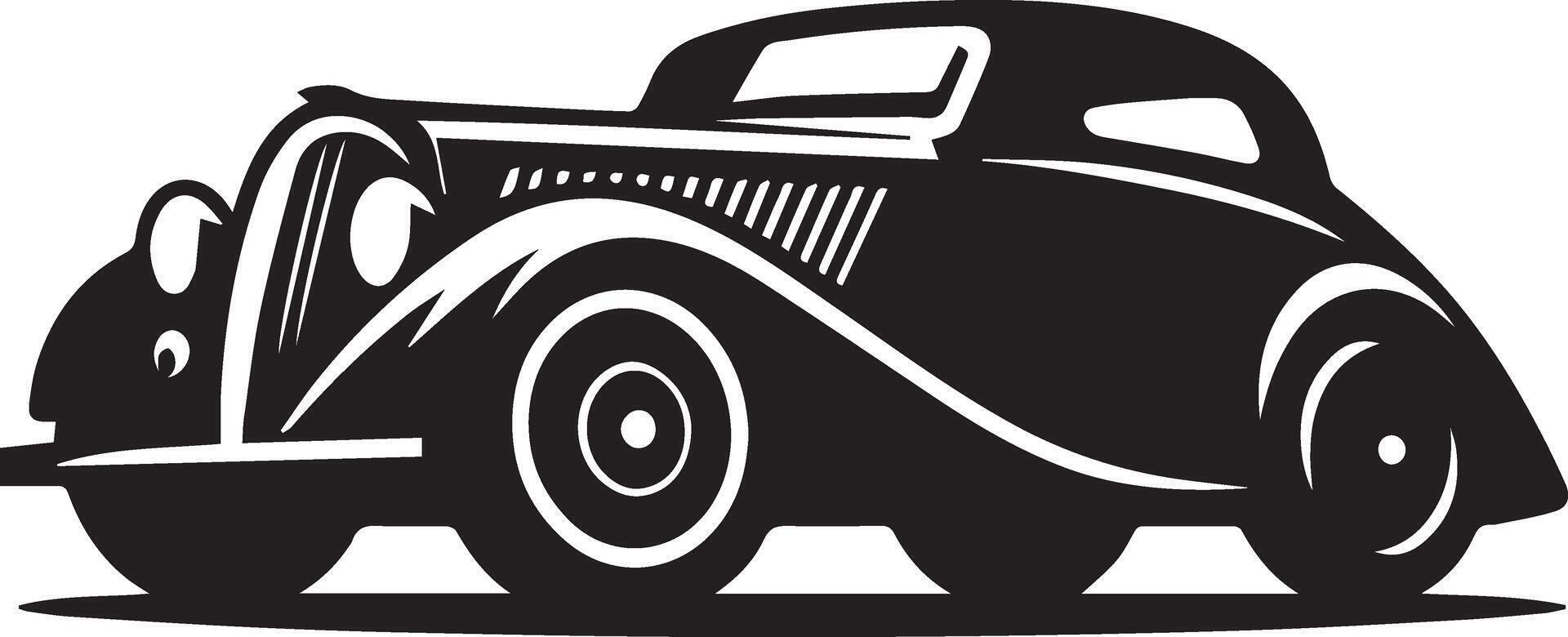An old car is shown in black and white vector