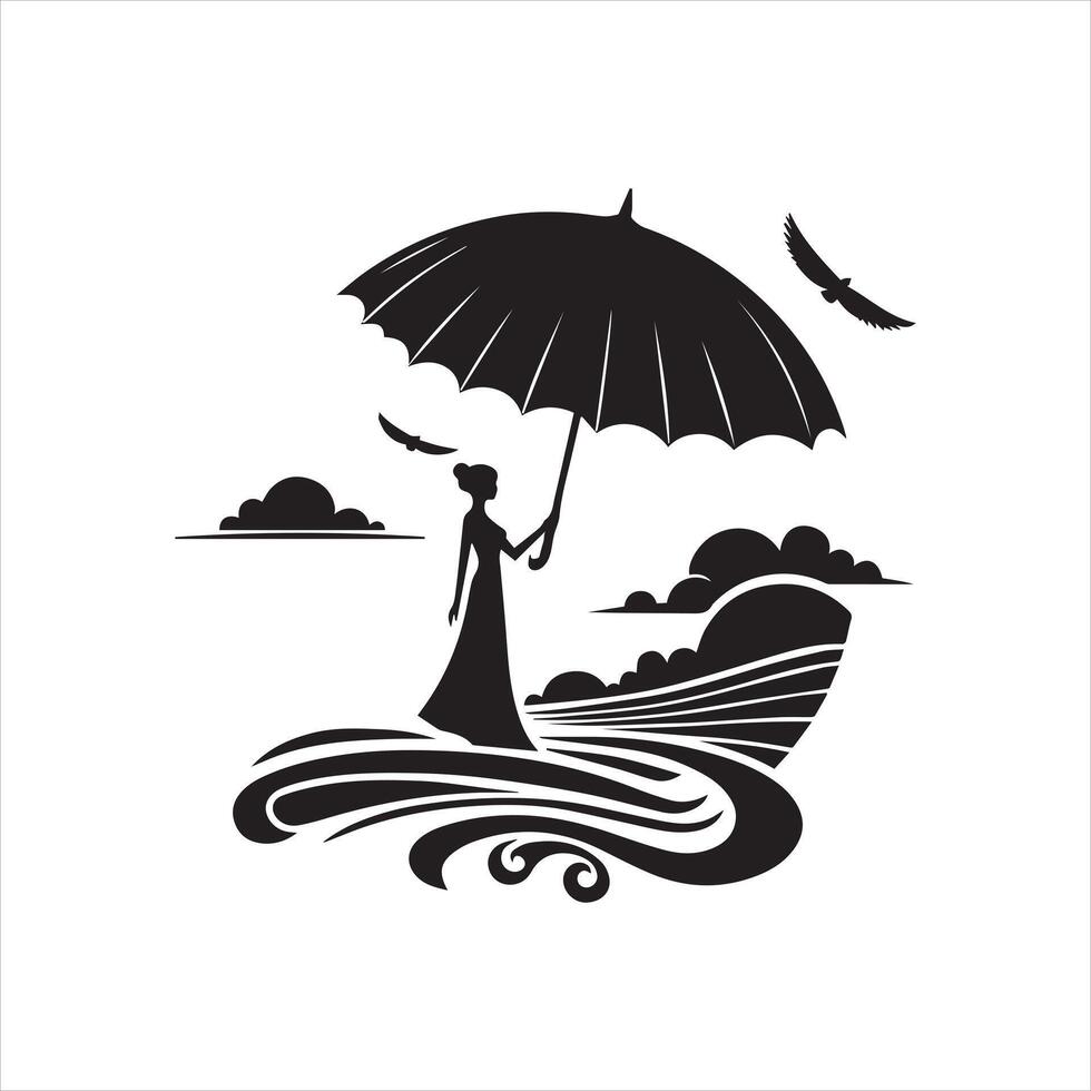 A silhouette of a woman holding an umbrella vector