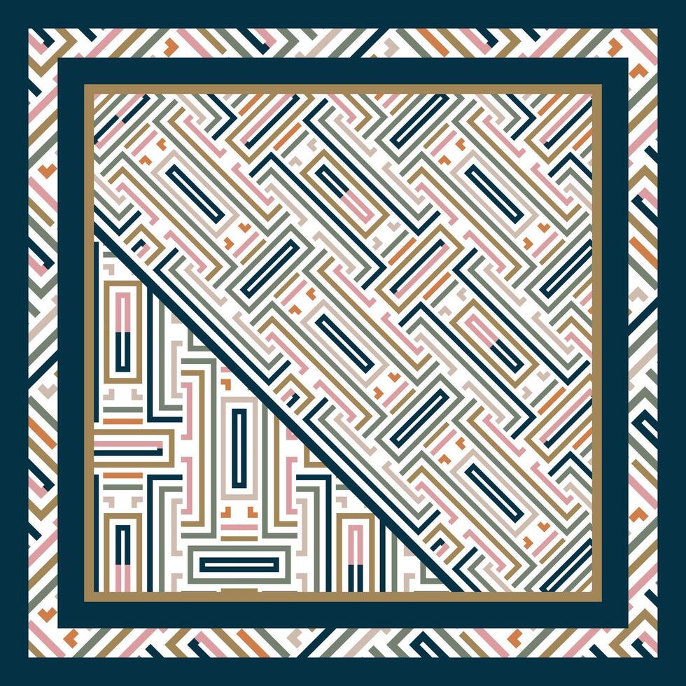 Abstract Geometric Square Scarf Print Pattern, Line Art with Multicolor Combination. vector