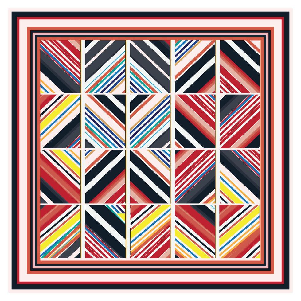 Abstract Geometric Square Scarf Print Pattern, Line Art with Multicolor Combination. vector