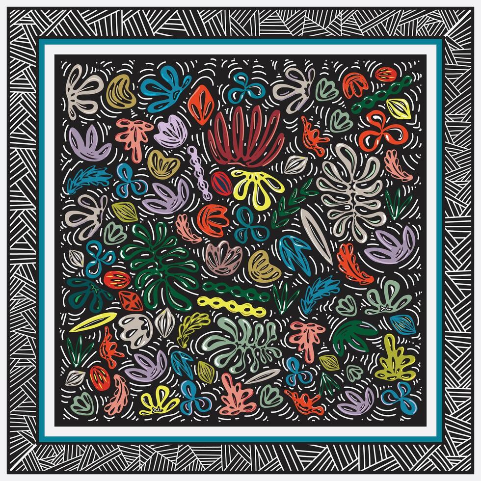 Colorful Square Flower Scarf with Doted Texture Background. vector
