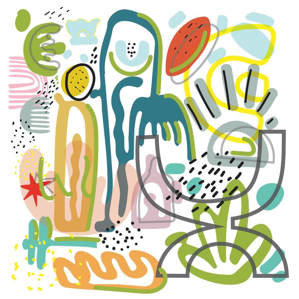 Colorful Doodle Art Print, Square Shape Scarf with Different Shape. vector