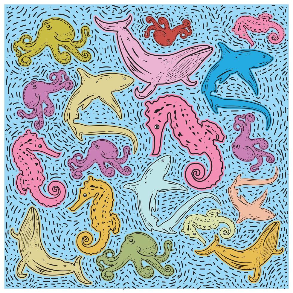 Sea Creatures Print Pattern with Doted Blue Texture, Seamless print Placement, vector