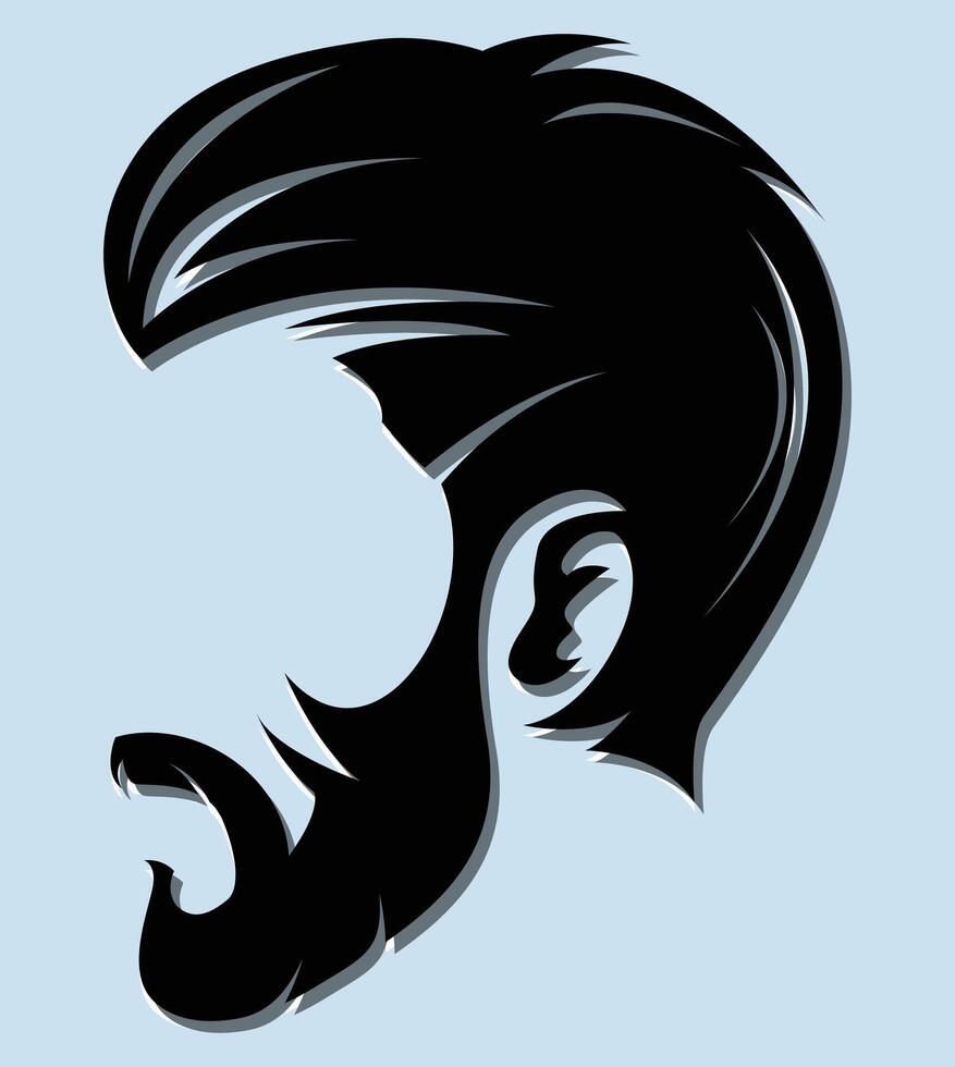 Man's head illustration, with stylized hair and a beard in bold black, It's perfect for logo design, barbershop branding, or men's fashion graphics, impactful design and recognizable masculine profile vector