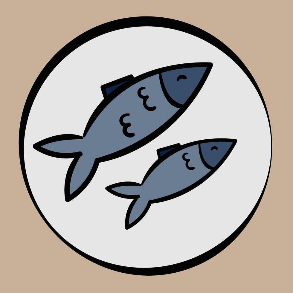 A simple illustration of two fish on a round white plate, outlined in black with minimal details,small fins, suitable for restaurant menu design elements, good for fish shop sign and social media vector