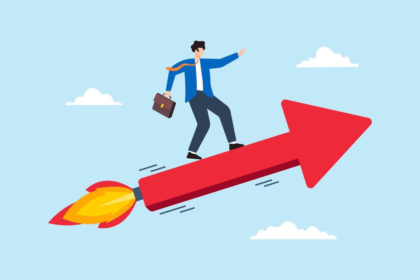 Flat illustration of businessman riding rising up arrow with rocket booster investment growth startup success boost profit earning increase market return launch project or improvement vector