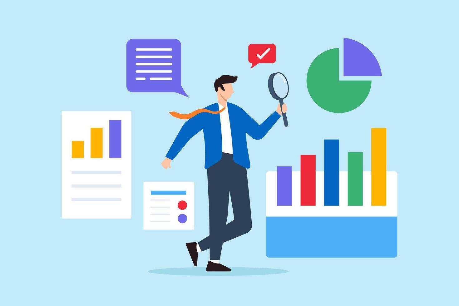 Flat illustration of businessman analyze data with magnifying glass examining chart report optimization marketing financial insight analytic information vector