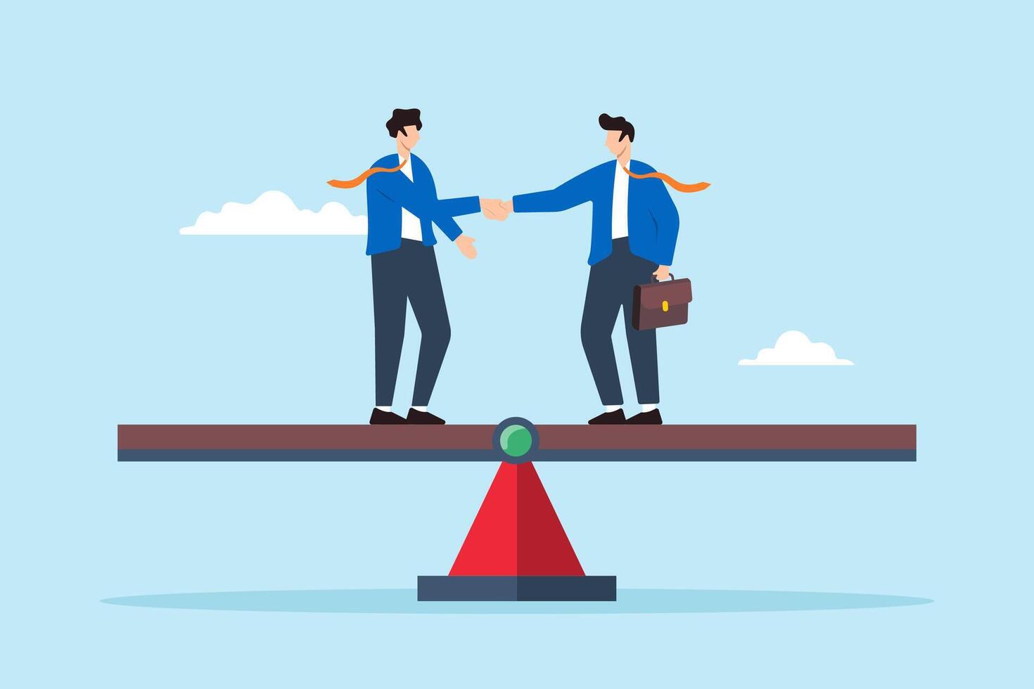 Flat illustration of two businessmen handshake on balance seesaw success negotiation business partnership deal merger agreement vector