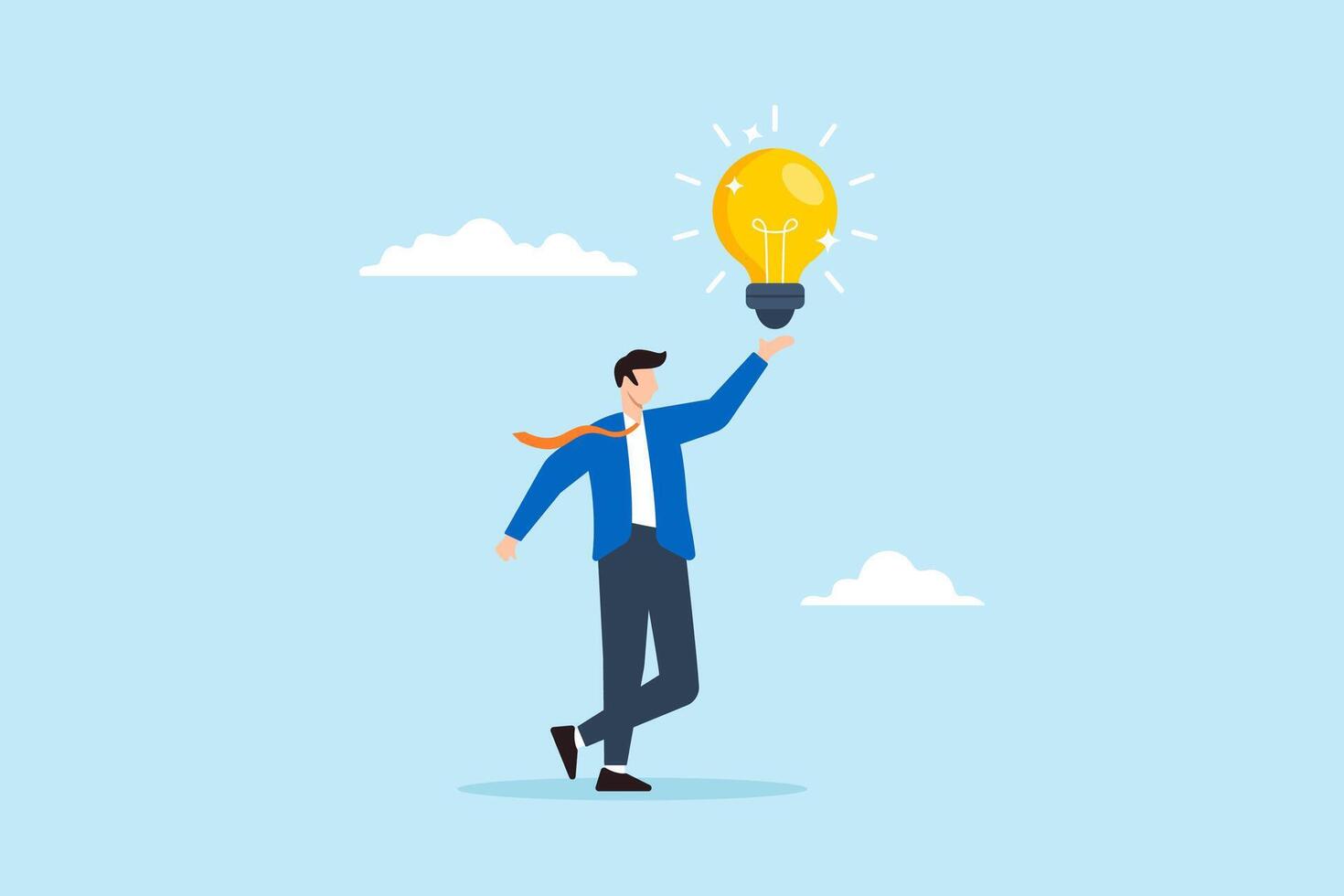 Flat illustration of businessman hold bright lightbulb creativity finding inspiration solution expert solving problem leader giving advise professional help eureka moment vector