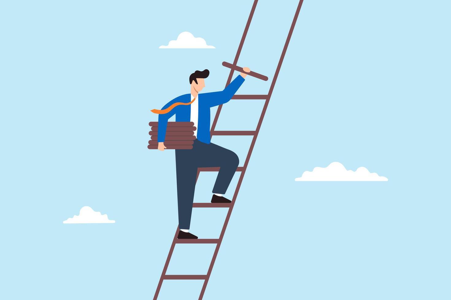 Flat illustration of businessman build ladder of success climb up step to overcome challenge achieve career growth improve opportunity job path vector