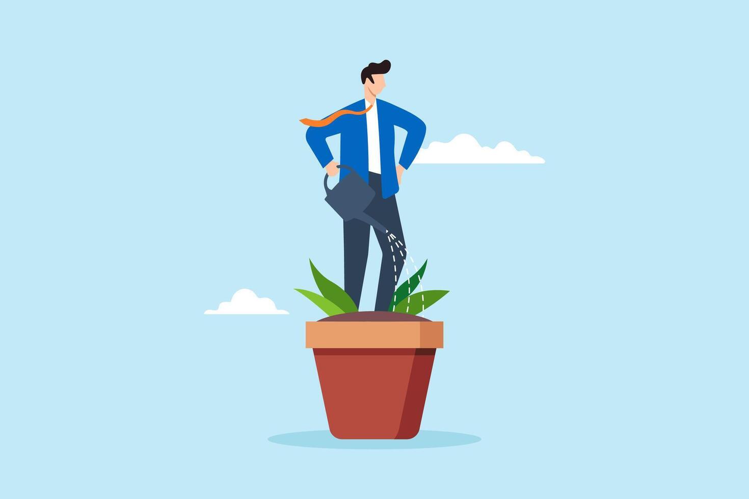 Flat illustration of confident businessman watering himself in plant pot personal development career growth develop skill self improvement vector