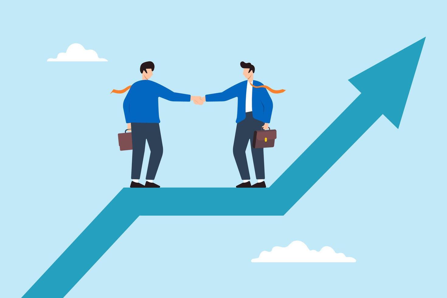 Flat illustration of two businessmen shaking hands on rising growth arrow cooperation partnership negotiation collaborate success team vector