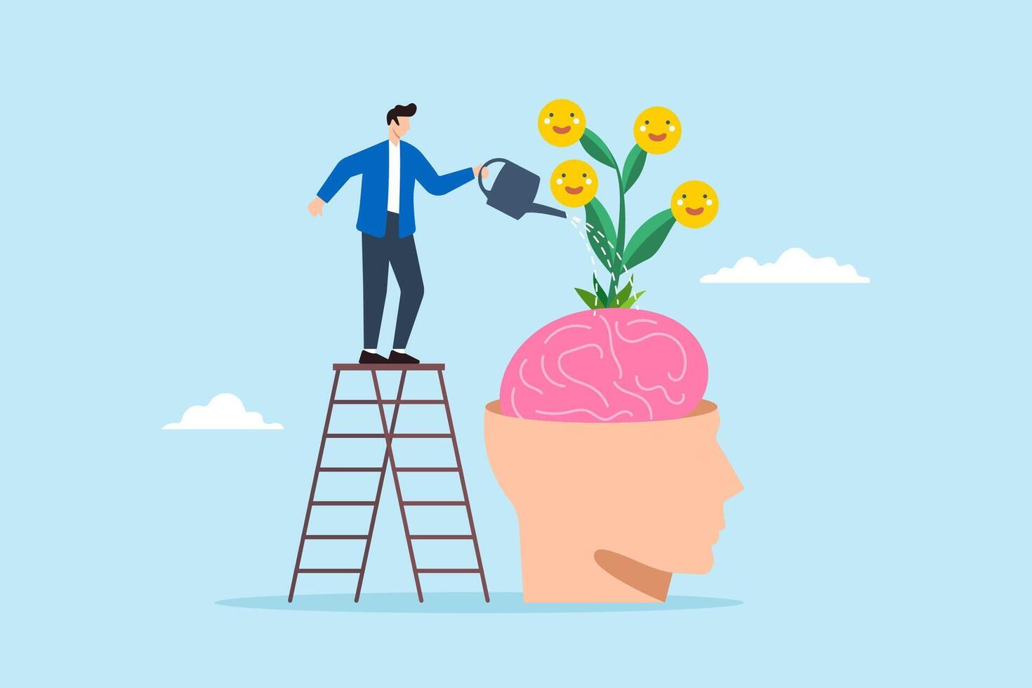 Flat illustration of man watering brain on ladder with smiling face emoji seedling plant mental wellbeing reduce anxiety increasing positive emotion feeling vector