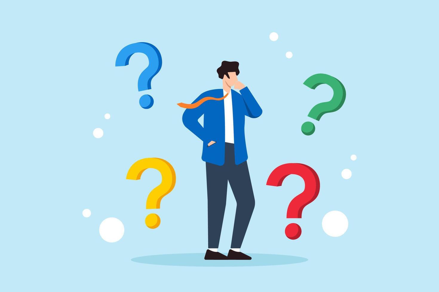 Flat illustration of businessman contemplates with question marks around seeking answers uncertainty curiosity problem solving faq vector