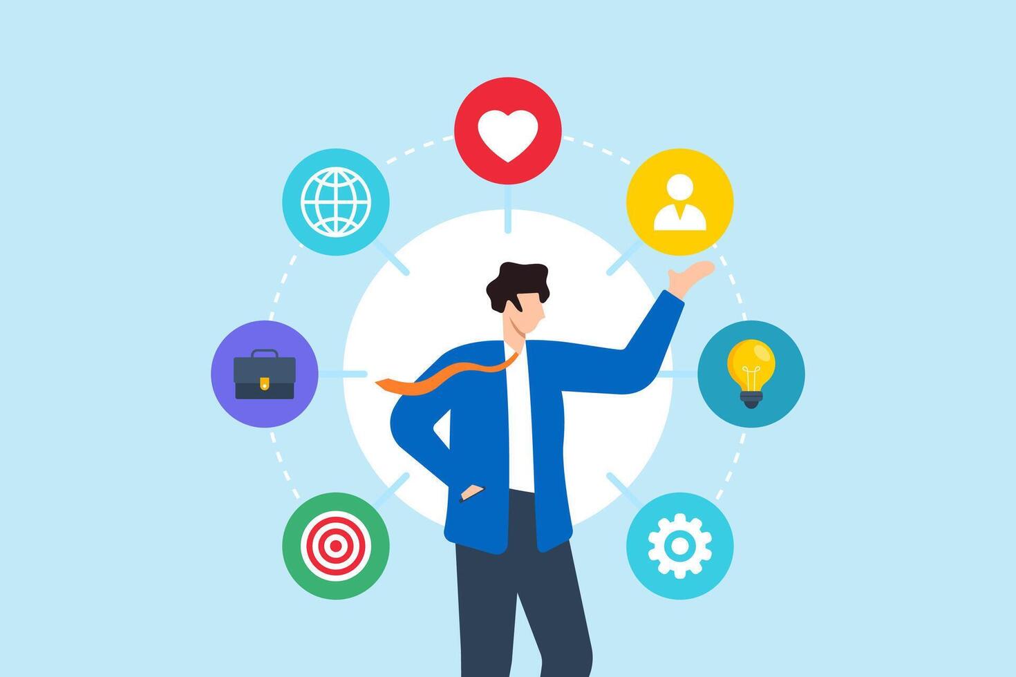 Flat illustration of confident businessman surrounded elements of soft skill networking problem solving management of creativity for success vector