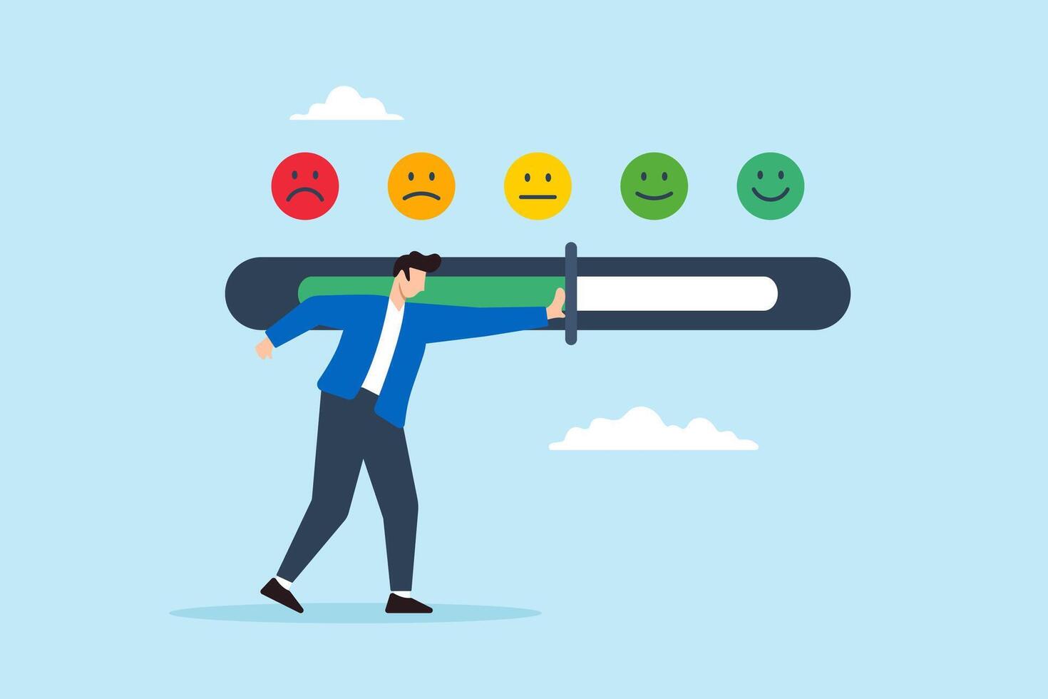 Flat illustration of man push customer feedback bar to excellent smile effort to improve product service rating survey review opinion vector